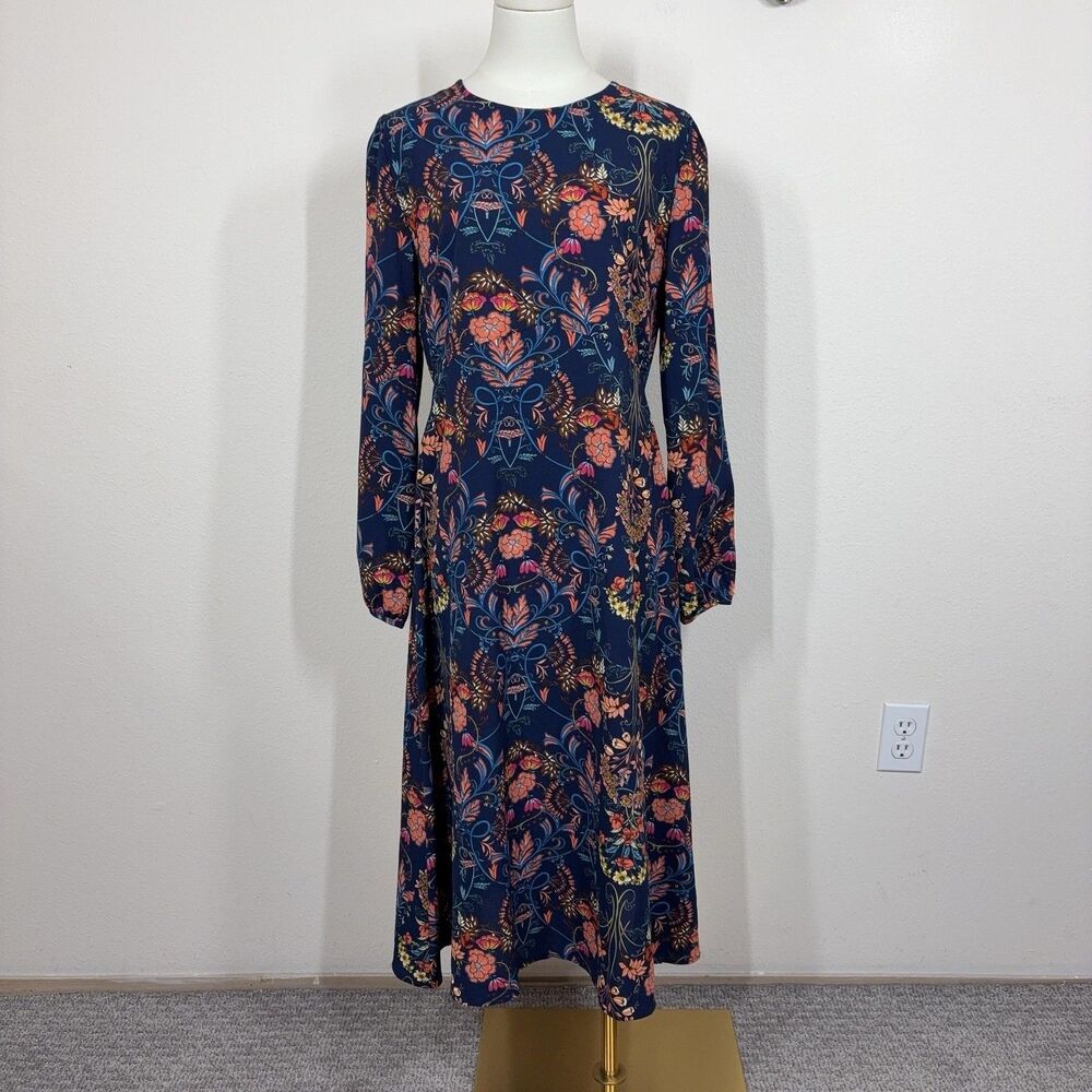 I MADELINE Dress Womens Medium Navy Floral A Line Midi Long Sleeve Boho Cottage